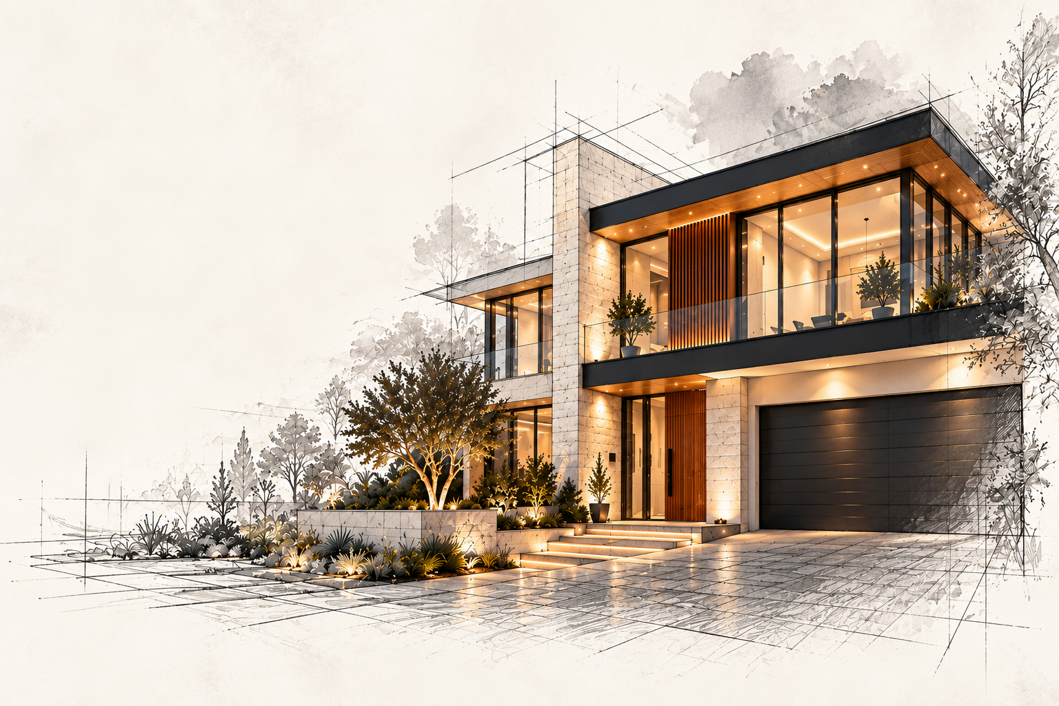 Architectural sketch of a modern custom home by One 7 Homes